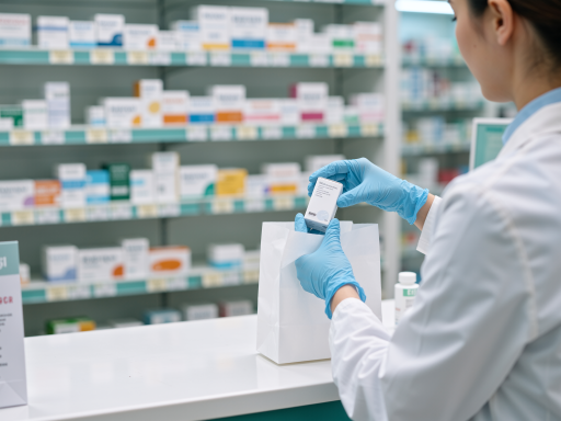 处方药柜台展示，药师正在为顾客配药，药品整齐摆放